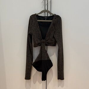 Chic Black and Gold Sparkly Bodysuit with Cut Outs